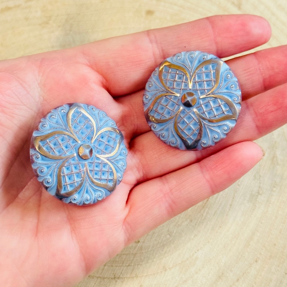 VTG LArge Round button clip earrings powder blue gold Czech carved art Glass 40s